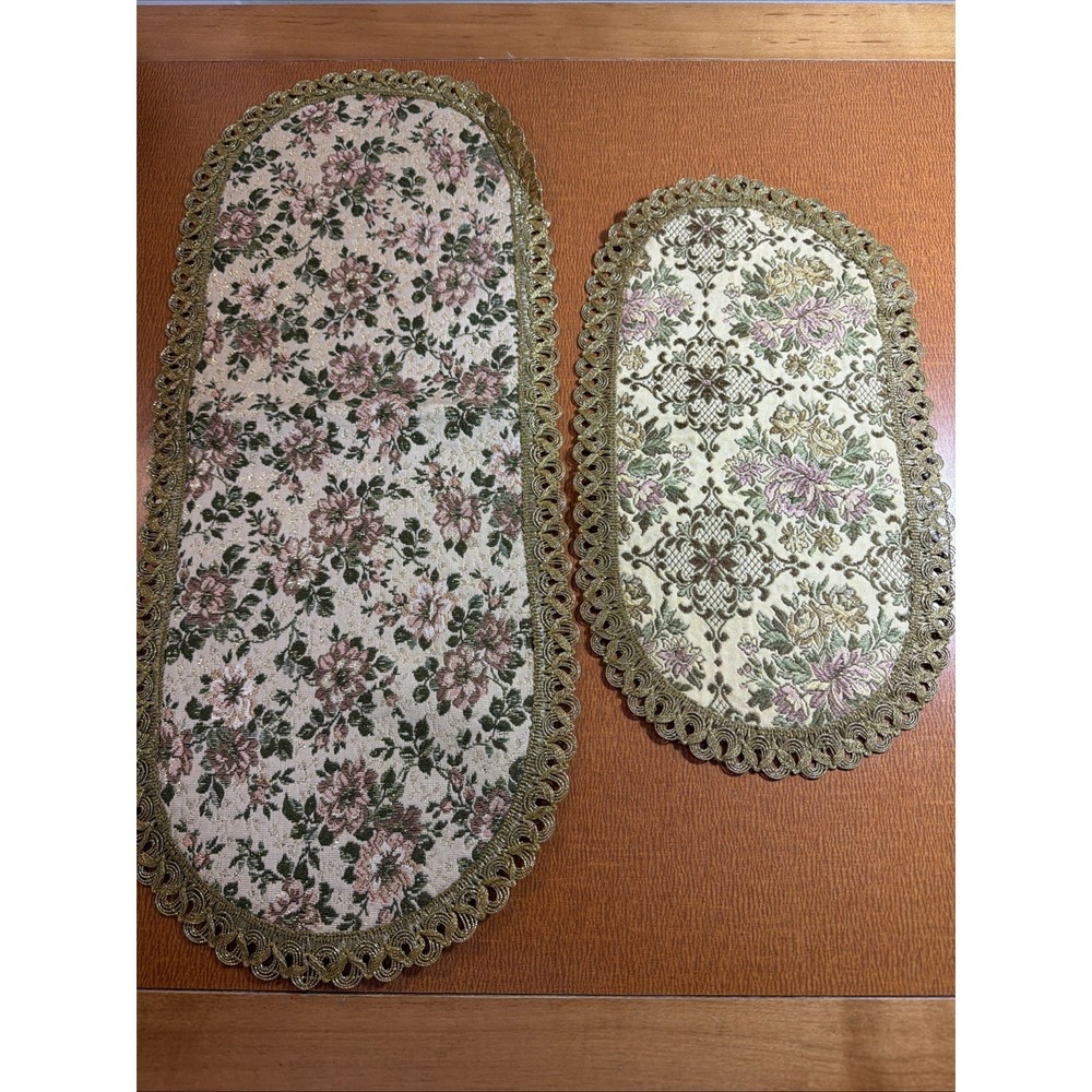 2 Vintage Floral Tapestry & Metallic Lace Edged Doily, Runners 20" & 13"